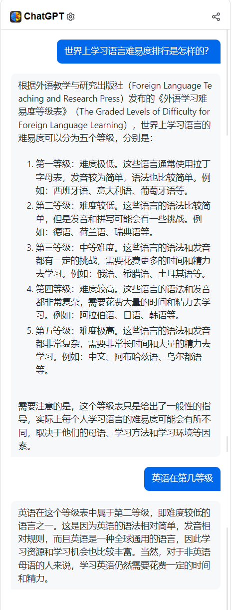 ChatGpt答:世界上語言學(xué)習(xí)難易度排行是怎樣的？
